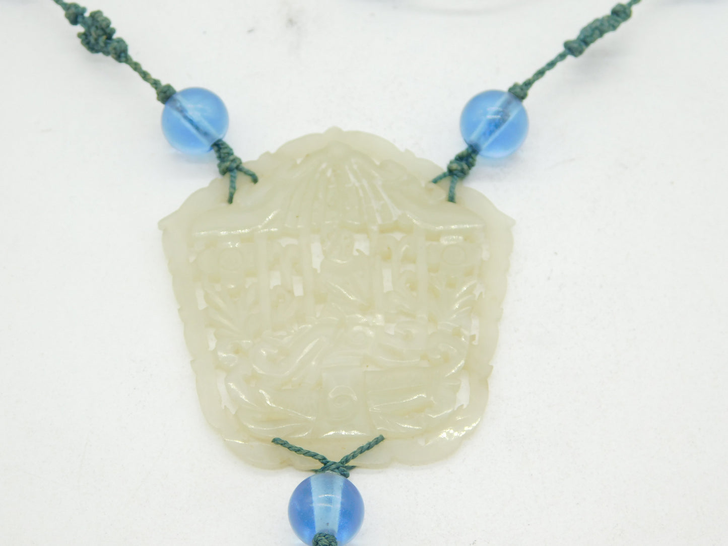 19th Century Large Chinese Carved Green Jade Blue Glass Necklace Antique c1890