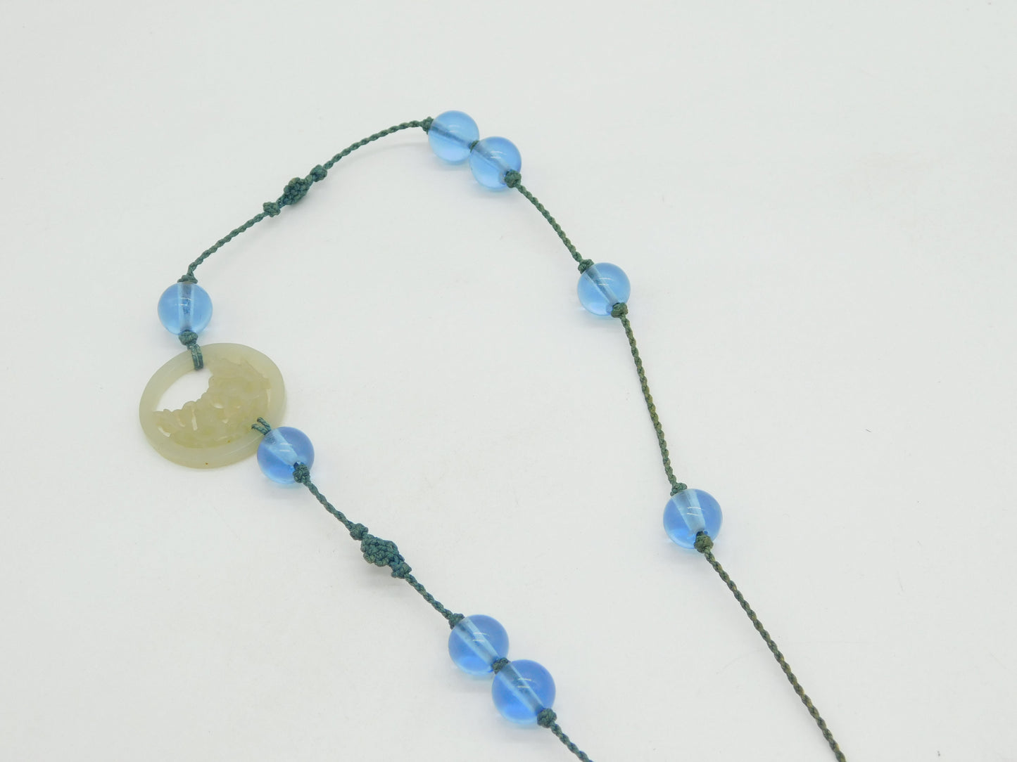 19th Century Large Chinese Carved Green Jade Blue Glass Necklace Antique c1890