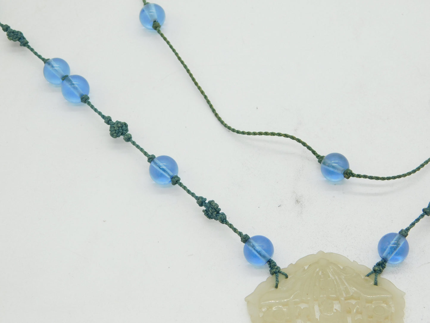 19th Century Large Chinese Carved Green Jade Blue Glass Necklace Antique c1890