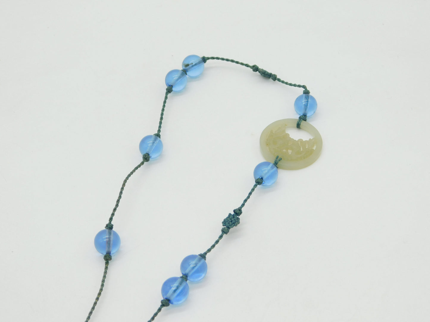 19th Century Large Chinese Carved Green Jade Blue Glass Necklace Antique c1890