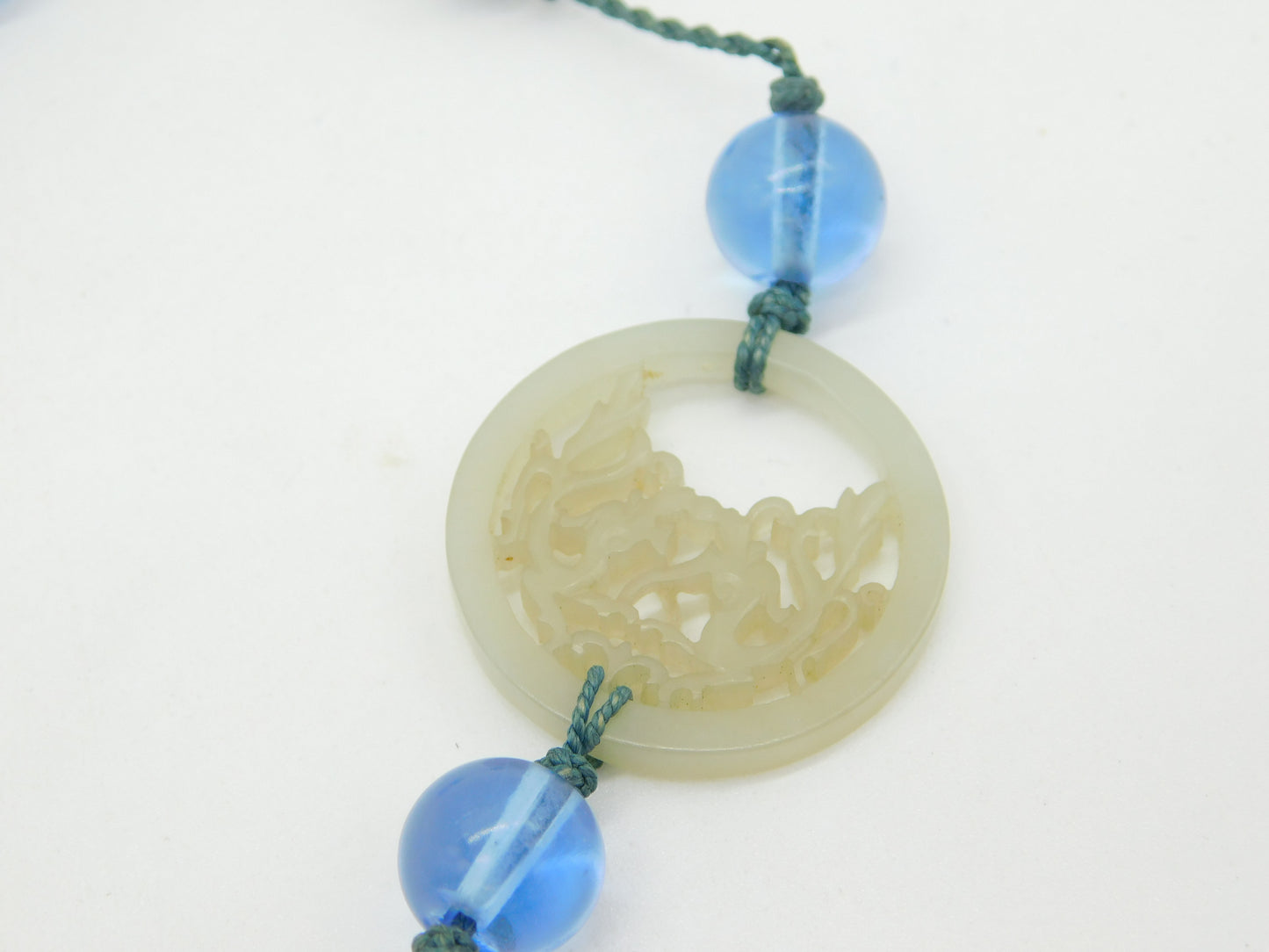 19th Century Large Chinese Carved Green Jade Blue Glass Necklace Antique c1890