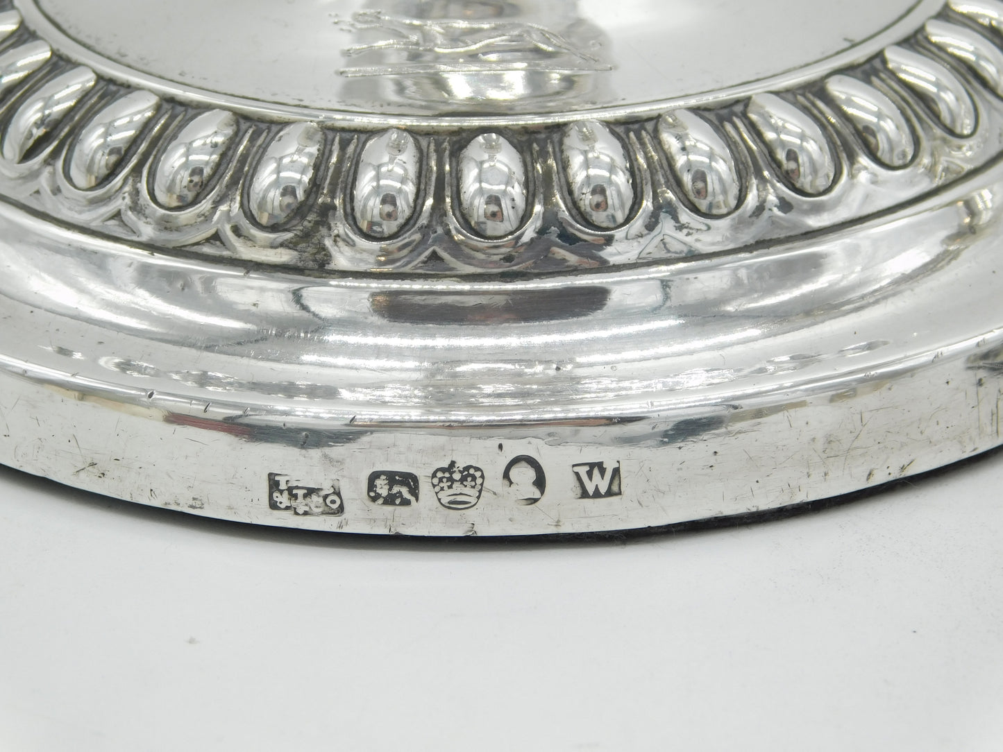 George III Pair of Sterling Silver Crested Candlesticks Antique 1814 Sheffield Thomas Blagden & Co.