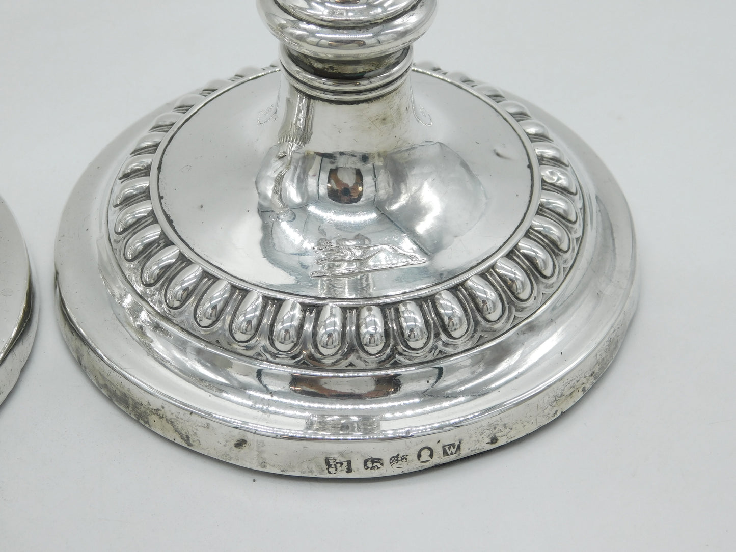George III Pair of Sterling Silver Crested Candlesticks Antique 1814 Sheffield Thomas Blagden & Co.
