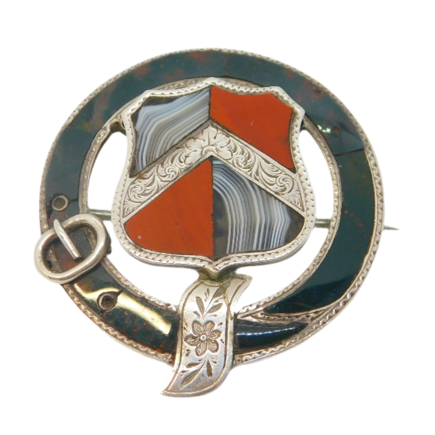 Victorian Scottish Sterling Silver, Bloodstone & Agate Buckle Brooch Antique c1860