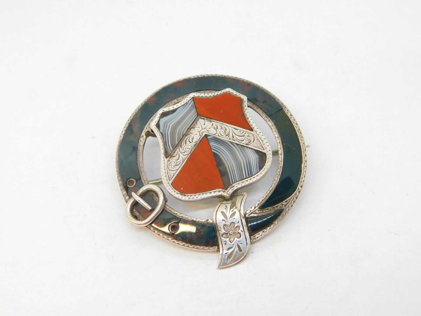 Victorian Scottish Sterling Silver, Bloodstone & Agate Buckle Brooch Antique c1860