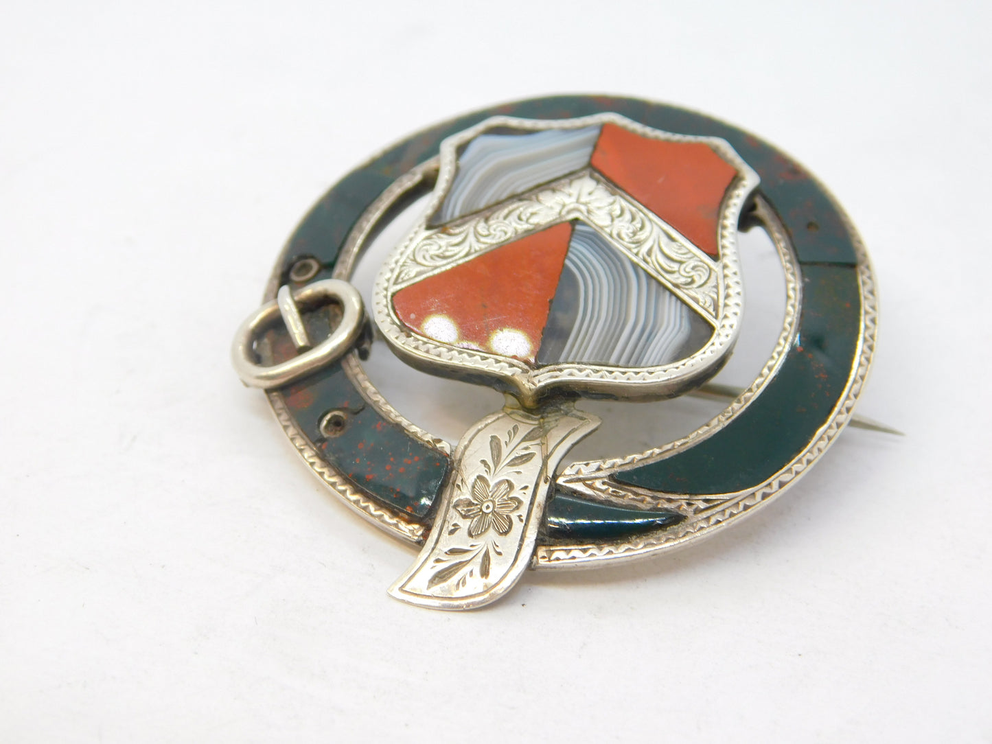 Victorian Scottish Sterling Silver, Bloodstone & Agate Buckle Brooch Antique c1860