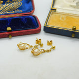 Pair Of 18ct Yellow Gold & Pearl Modernist Drop Earrings Vintage c1970