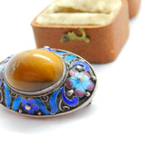 Chinese Sterling Silver, Enamel & Tiger's Eye Cabochon Brooch c1940 Antique