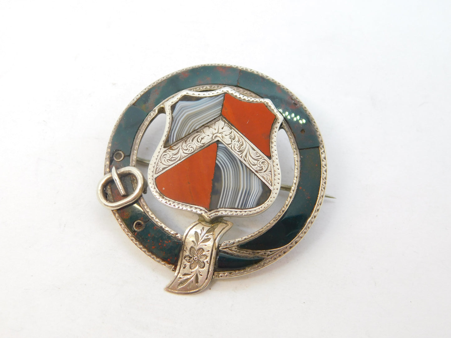 Victorian Scottish Sterling Silver, Bloodstone & Agate Buckle Brooch Antique c1860