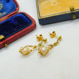 Pair Of 18ct Yellow Gold & Pearl Modernist Drop Earrings Vintage c1970