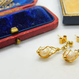 Pair Of 18ct Yellow Gold & Pearl Modernist Drop Earrings Vintage c1970