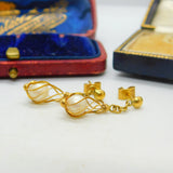 Pair Of 18ct Yellow Gold & Pearl Modernist Drop Earrings Vintage c1970