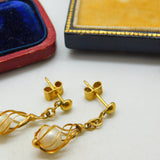 Pair Of 18ct Yellow Gold & Pearl Modernist Drop Earrings Vintage c1970