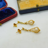 Pair Of 18ct Yellow Gold & Pearl Modernist Drop Earrings Vintage c1970
