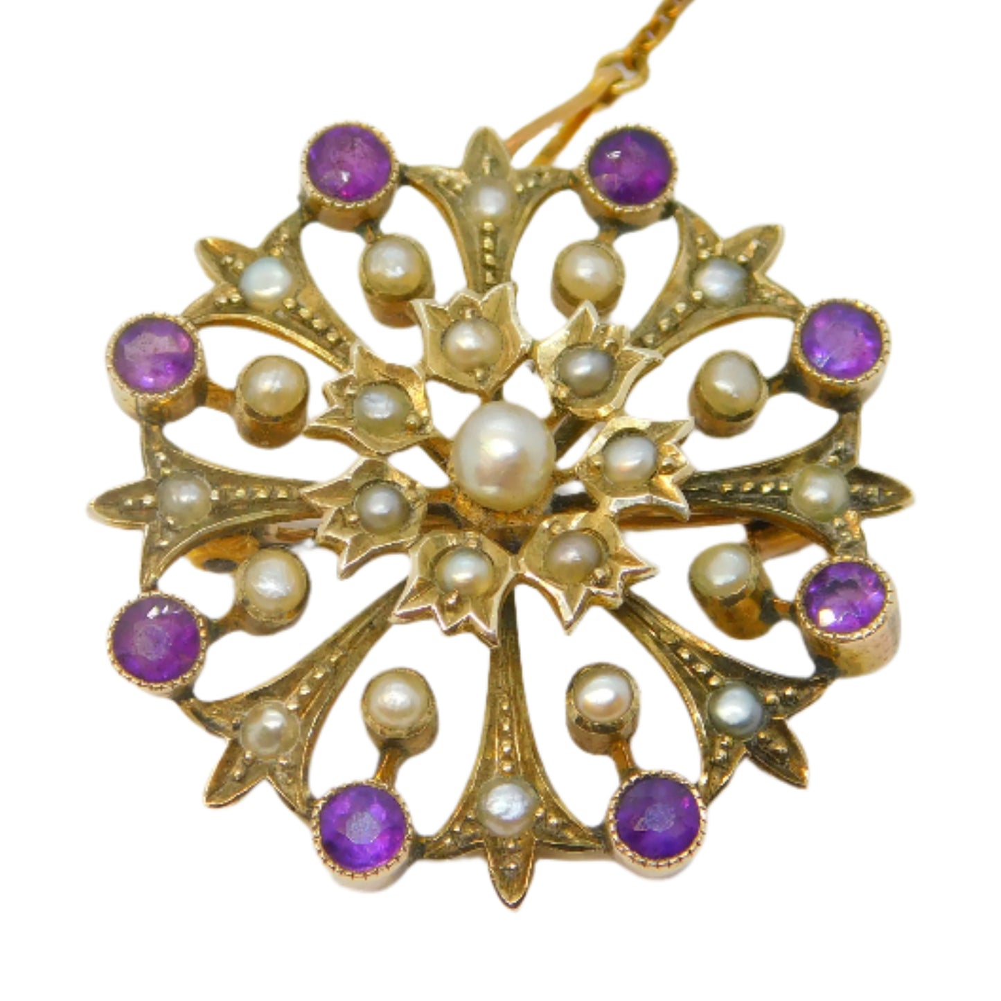 Victorian 15ct Yellow Gold, Amethyst & Seed Pearl Floral Brooch Antique c1890