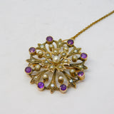 Victorian 15ct Yellow Gold, Amethyst & Seed Pearl Floral Brooch Antique c1890