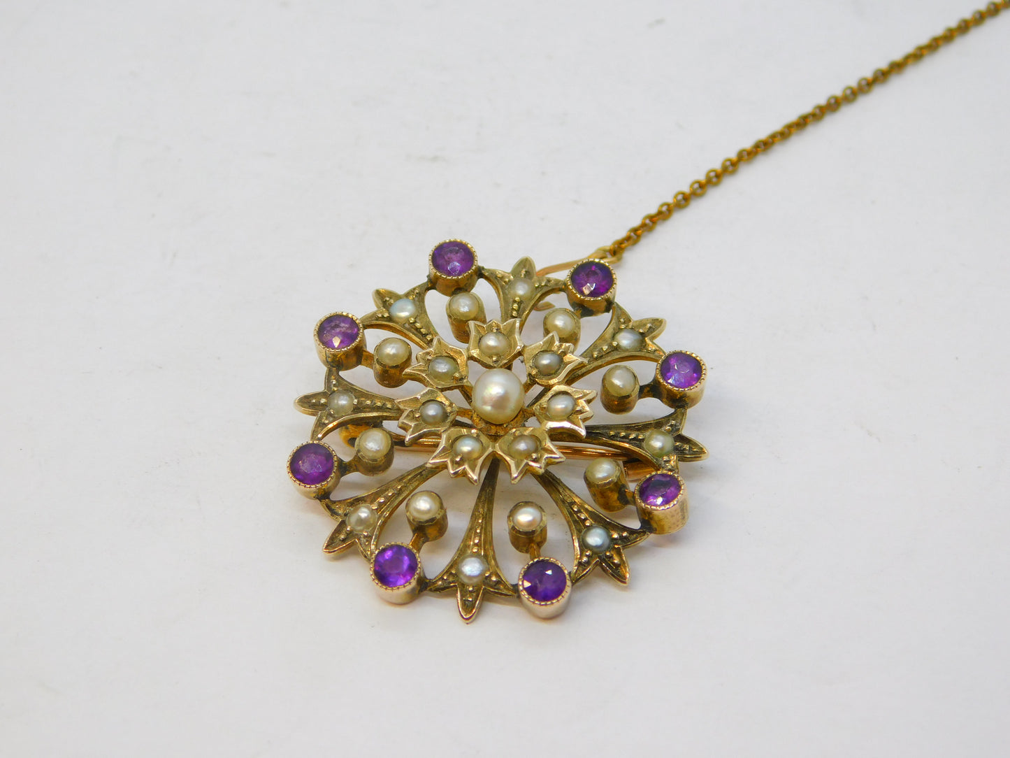 Victorian 15ct Yellow Gold, Amethyst & Seed Pearl Floral Brooch Antique c1890