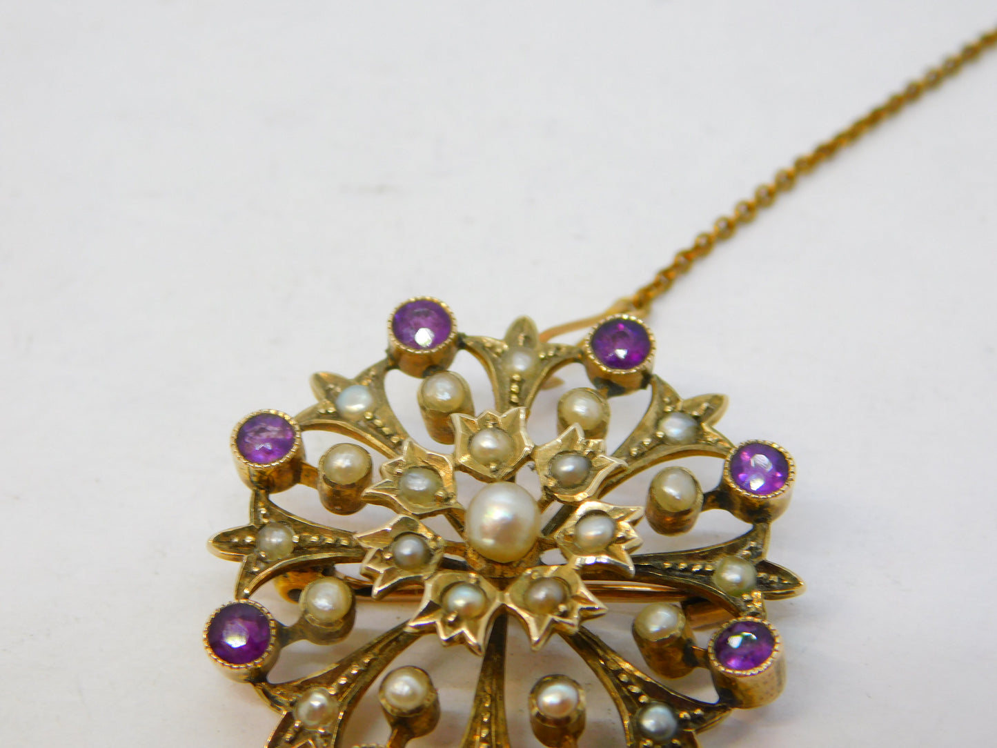 Victorian 15ct Yellow Gold, Amethyst & Seed Pearl Floral Brooch Antique c1890