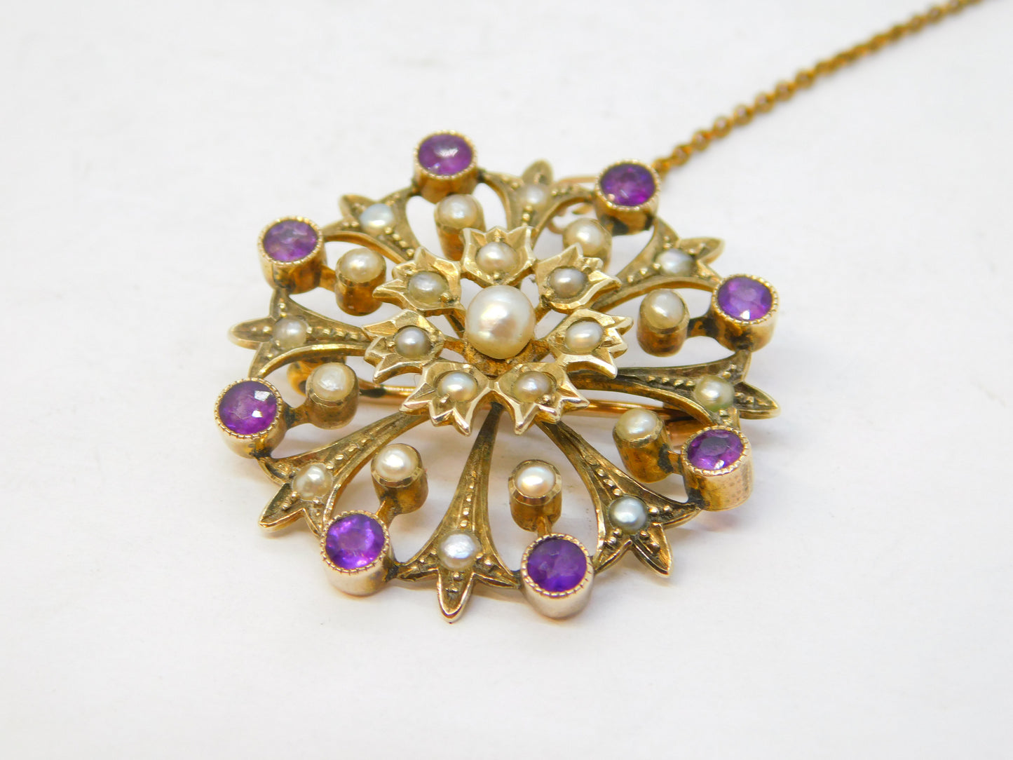 Victorian 15ct Yellow Gold, Amethyst & Seed Pearl Floral Brooch Antique c1890