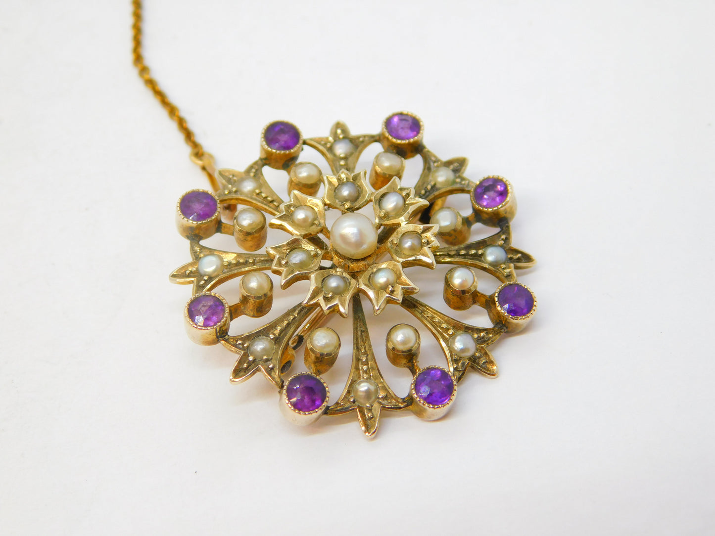 Victorian 15ct Yellow Gold, Amethyst & Seed Pearl Floral Brooch Antique c1890