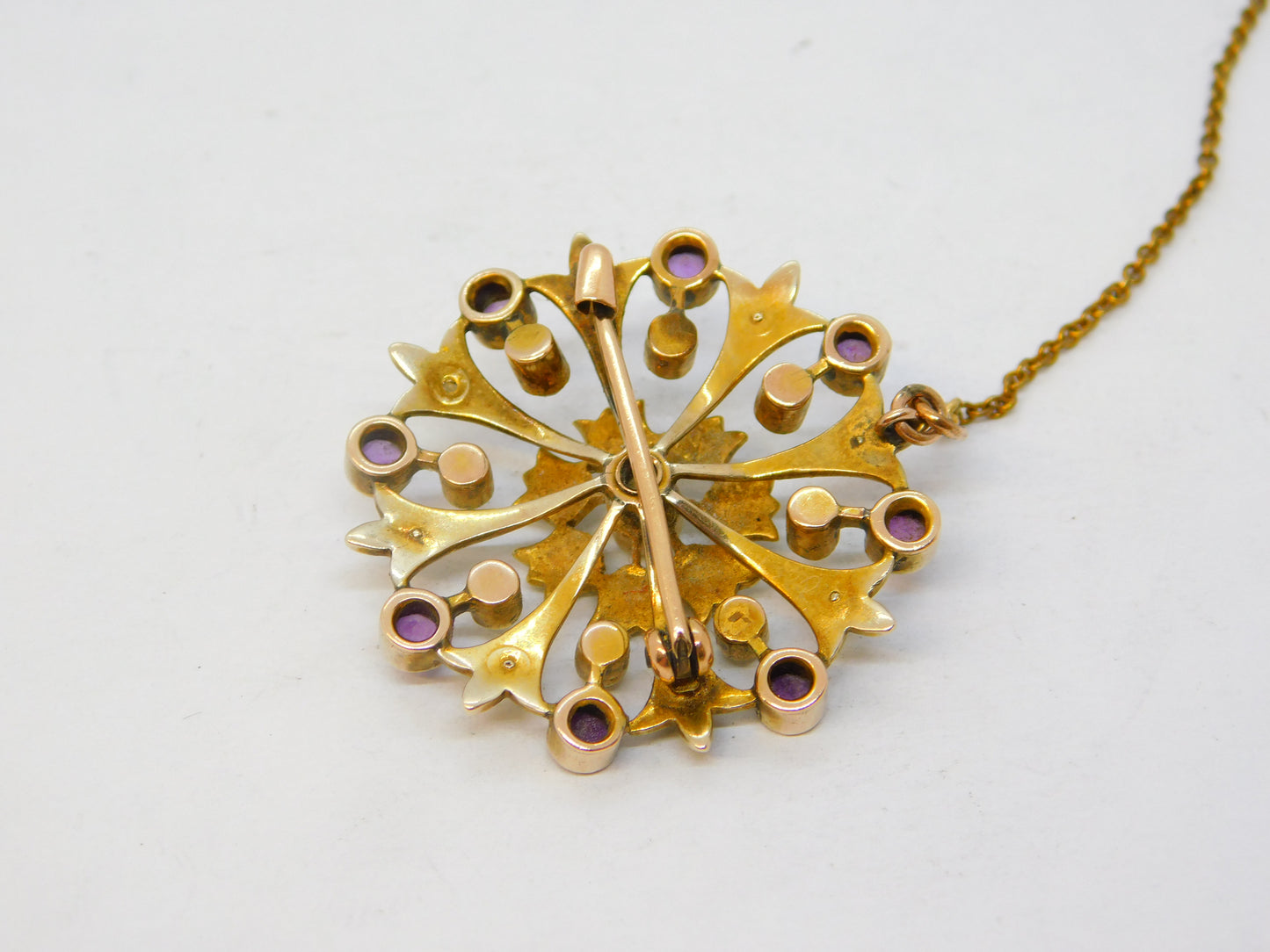 Victorian 15ct Yellow Gold, Amethyst & Seed Pearl Floral Brooch Antique c1890