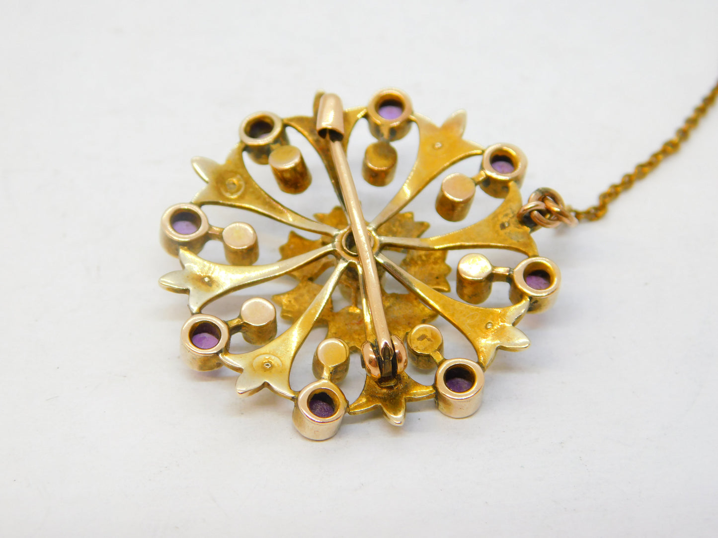 Victorian 15ct Yellow Gold, Amethyst & Seed Pearl Floral Brooch Antique c1890