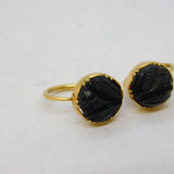14ct Yellow Gold Carved Whitby Jet Floral Hook Earrings Antique c1900 Victorian