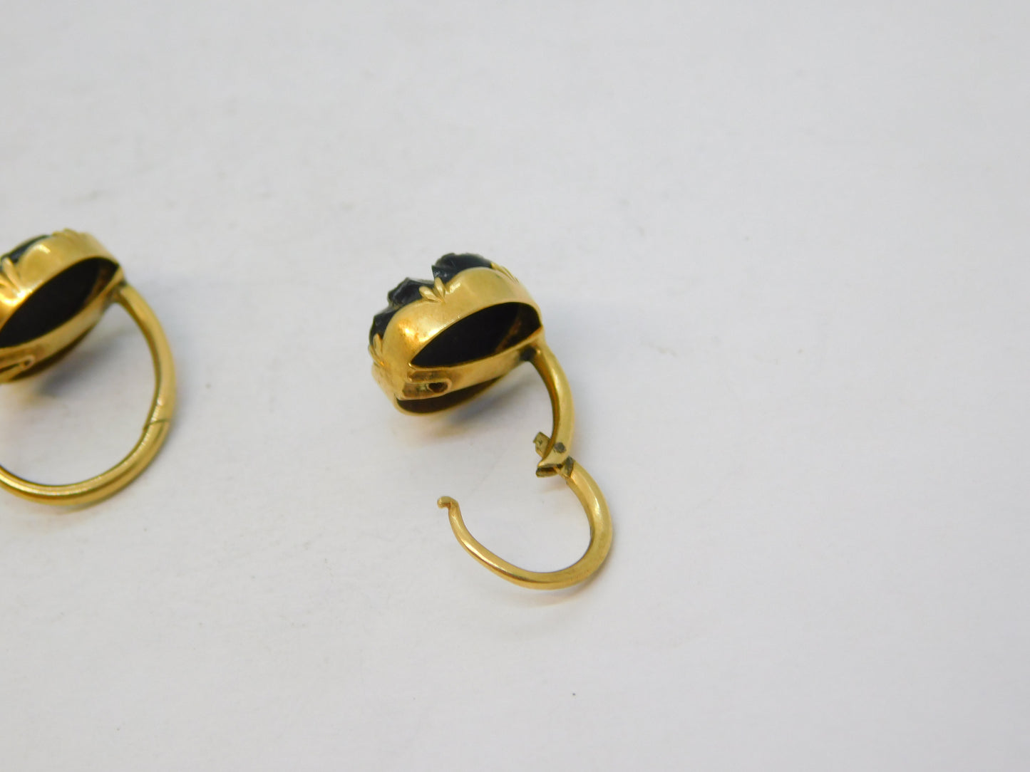 14ct Yellow Gold Carved Whitby Jet Floral Hook Earrings Antique c1900 Victorian