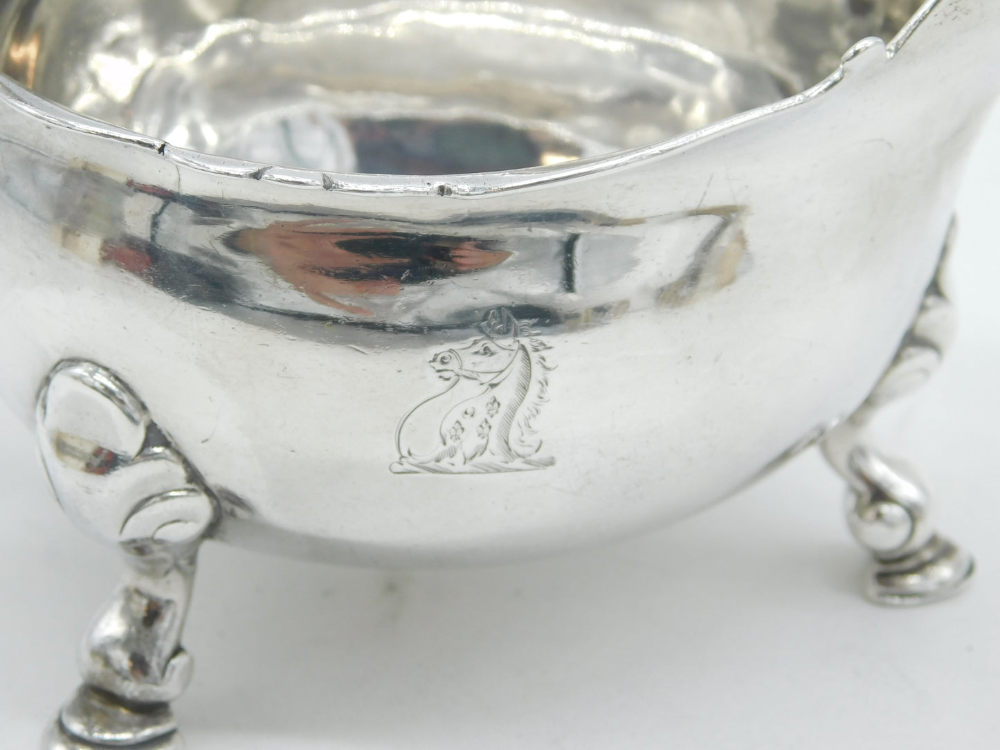 George II Sterling Silver Crested Paw Foot Sauce Boat Antique 1742 London
