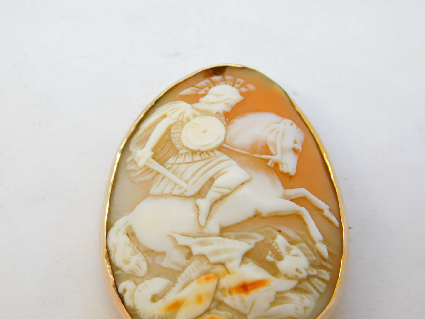 Victorian 9ct Gold Mounted St. George Slaying the Dragon Cameo Brooch Antique c1860