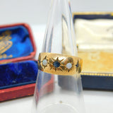 9ct Yellow Gold, Fire Opal & Sapphire Boat Ring Vintage 1979 Birmingham