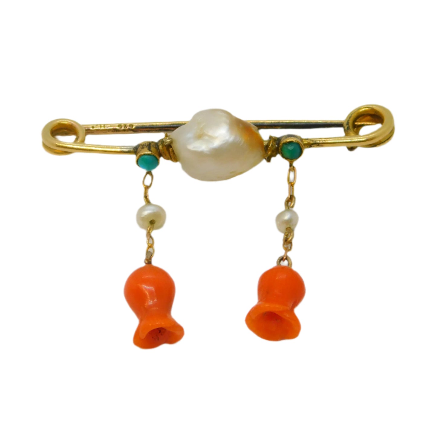 Victorian 15ct Gold, Turquoise, Pearl, Carved Coral Flower Brooch Antique c1880