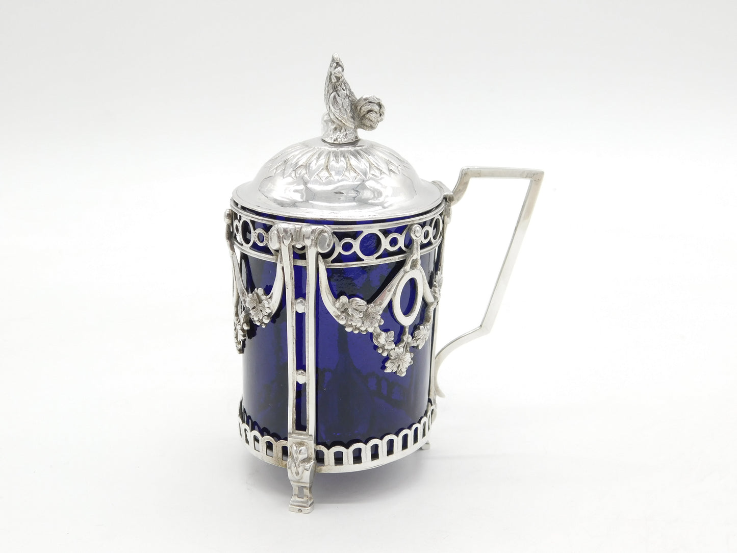 19th Century German Sterling Silver Chicken Finial Mustard Pot Antique c1880