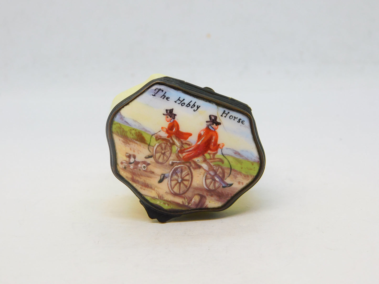 George III Bilston Enamel 'The Hobby Horse' Bicycle Patch Box Antique c1820