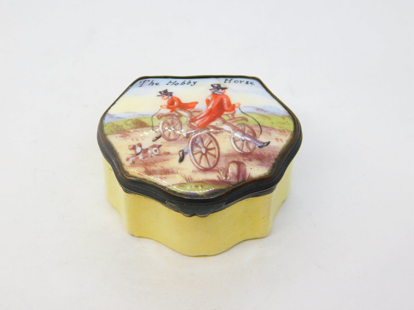 George III Bilston Enamel 'The Hobby Horse' Bicycle Patch Box Antique c1820
