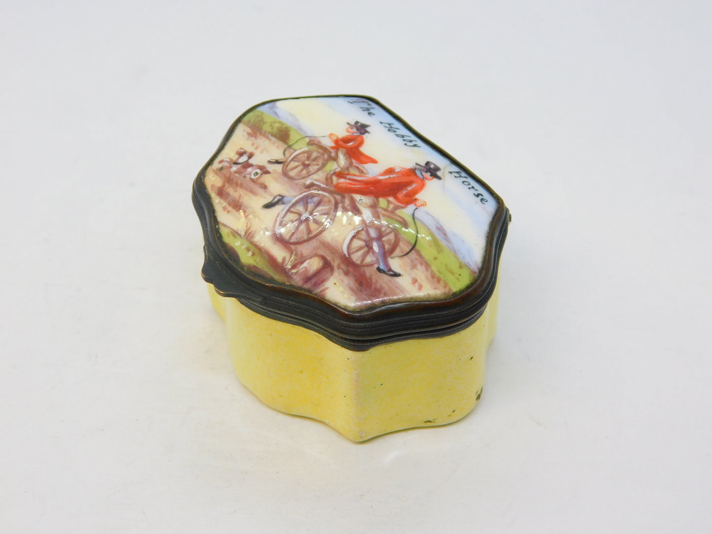 George III Bilston Enamel 'The Hobby Horse' Bicycle Patch Box Antique c1820