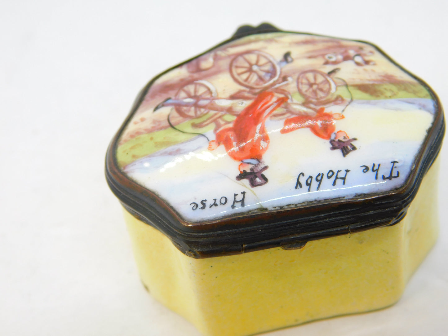 George III Bilston Enamel 'The Hobby Horse' Bicycle Patch Box Antique c1820