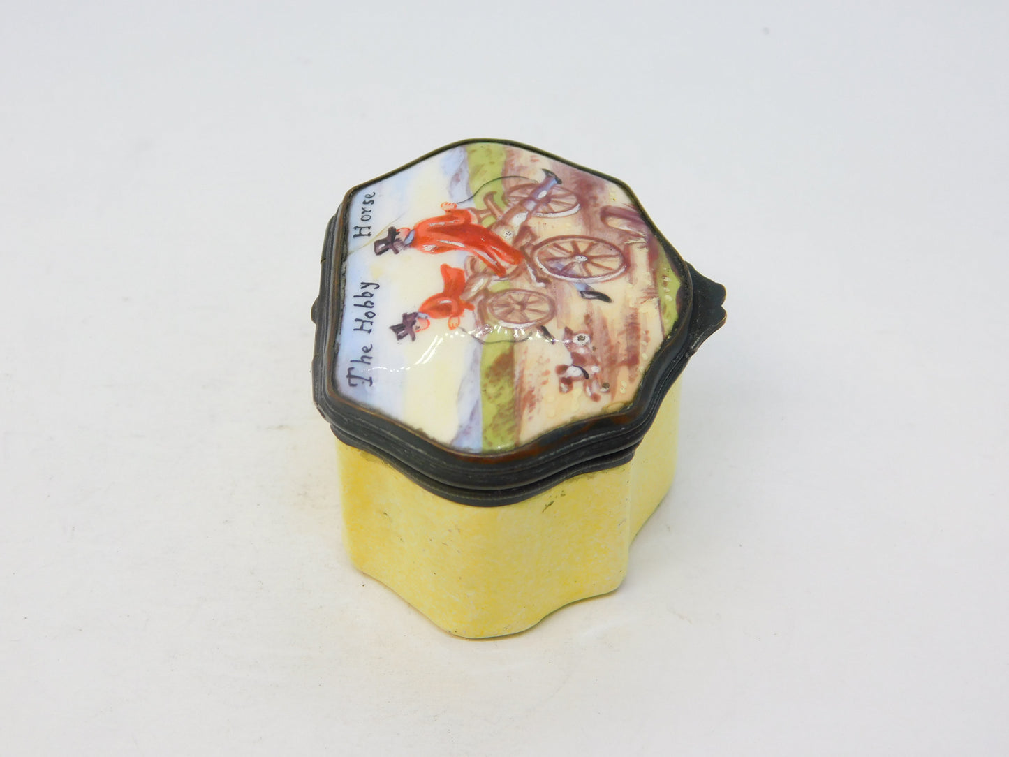 George III Bilston Enamel 'The Hobby Horse' Bicycle Patch Box Antique c1820