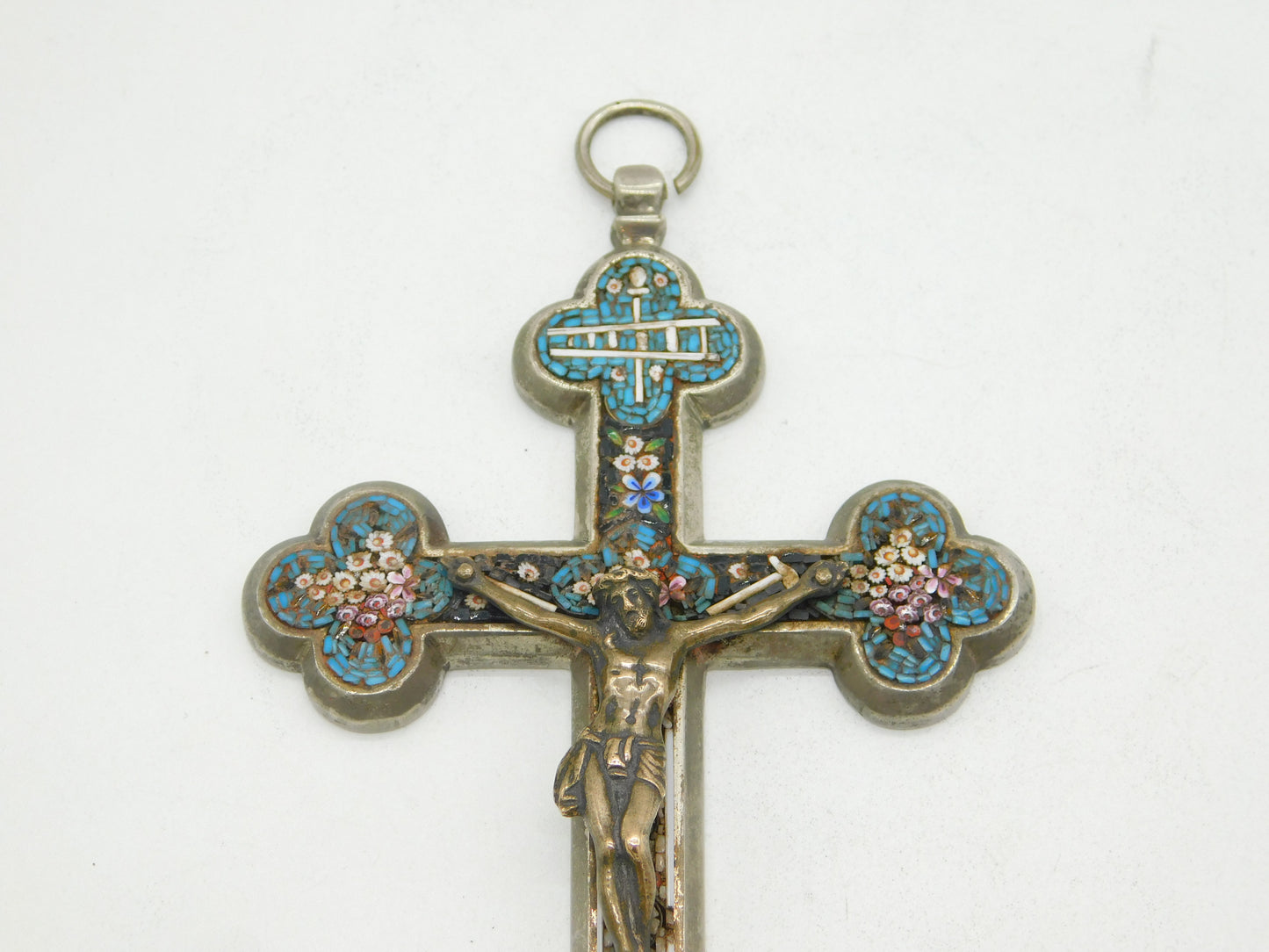 19th Century Italian Large Floral Micro-Mosaic Souvenir Cross Antique c1880