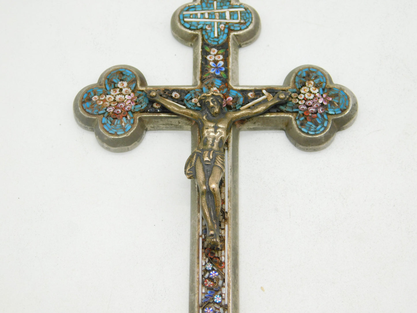 19th Century Italian Large Floral Micro-Mosaic Souvenir Cross Antique c1880