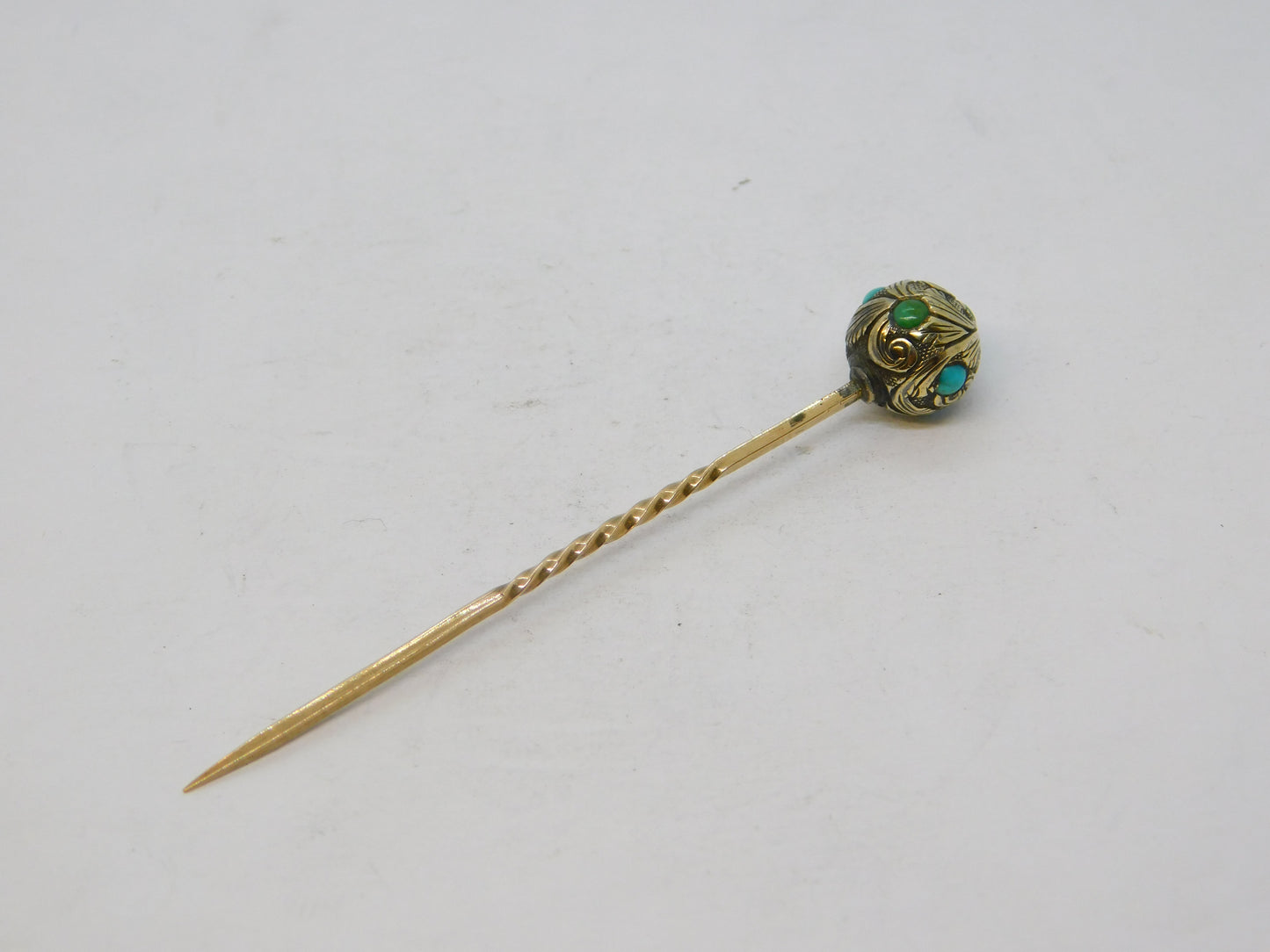 Victorian 15ct Yellow Gold & Turquoise Set Ball Form Stick Pin Antique c1860