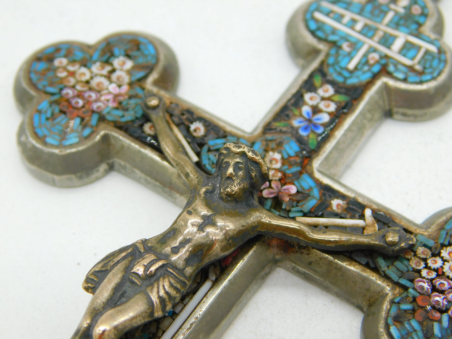 19th Century Italian Large Floral Micro-Mosaic Souvenir Cross Antique c1880