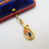 Victorian 15ct Gold, Coral & Cabochon Sapphire Art Nouveau Drop Pendant c1900