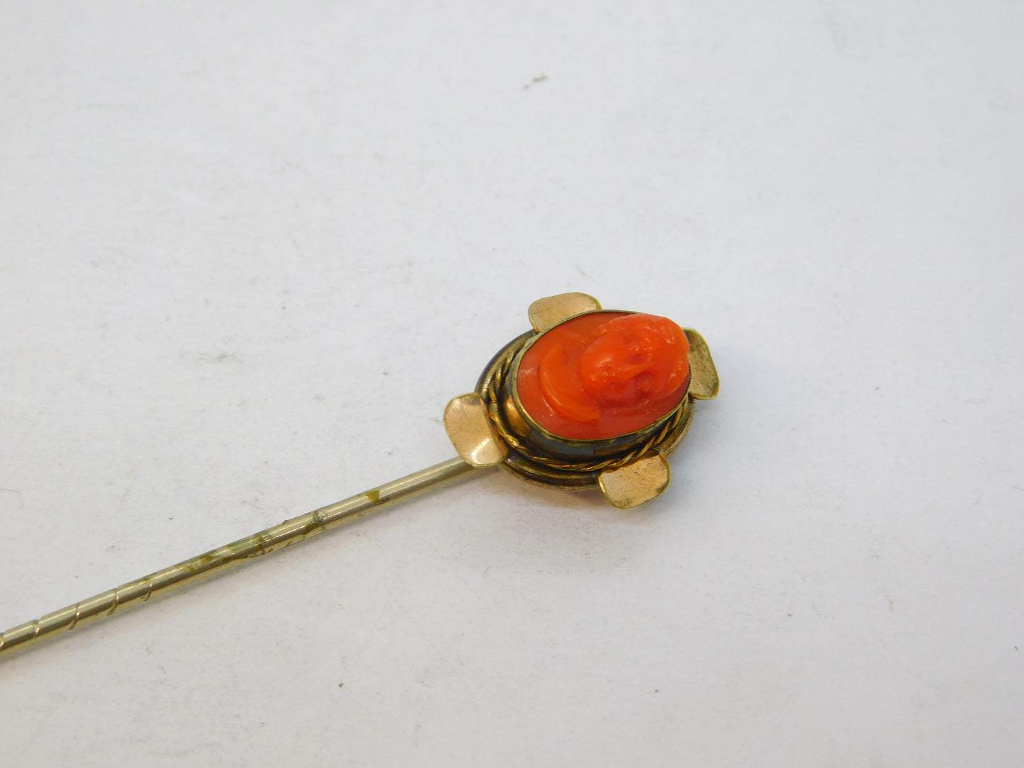 Victorian 15ct Yellow Gold Carved Red Coral Cameo Stick Pin Antique c1860