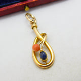 Victorian 15ct Gold, Coral & Cabochon Sapphire Art Nouveau Drop Pendant c1900