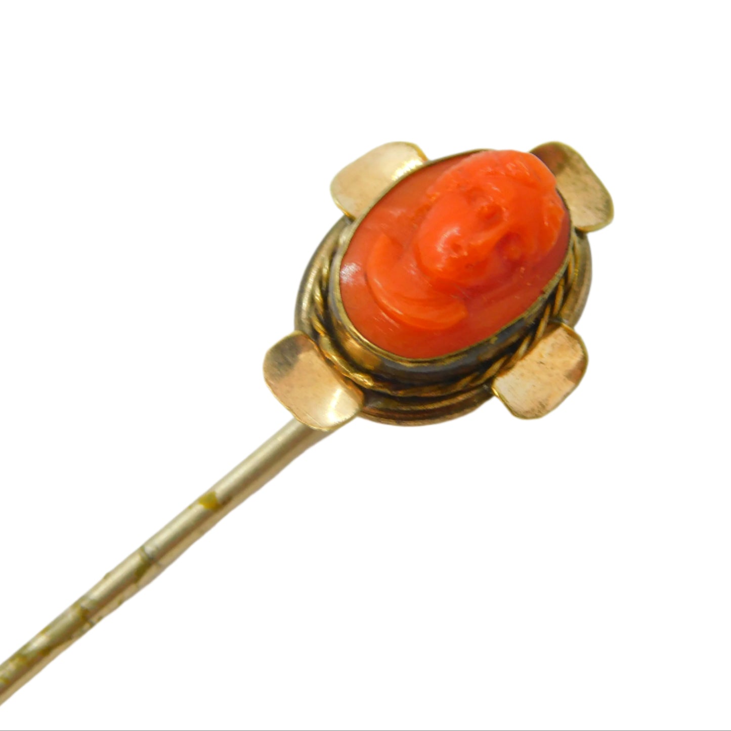 Victorian 15ct Yellow Gold Carved Red Coral Cameo Stick Pin Antique c1860