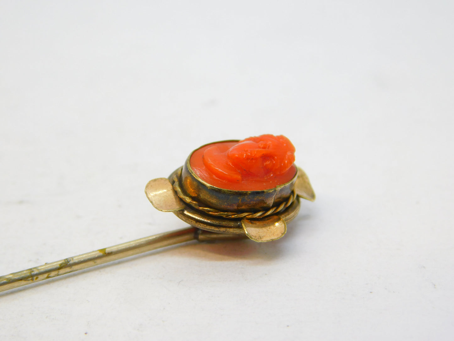 Victorian 15ct Yellow Gold Carved Red Coral Cameo Stick Pin Antique c1860