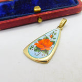 Sterling Silver Gilt Rose Flower Enamel Drop Pendant 1988 Birmingham