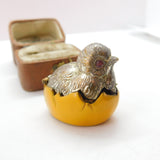 Silver Plated Yellow Enamel Chick in Egg Sewing Thimble Case c1910 Antique