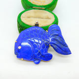 14ct Yellow Gold, Carved Lapis Lazuli & Diamond Fish Brooch Vintage c1980